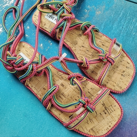 Steve Madden 6.5 Sensible Sandals in Multicolor Pink Blue Yellow tie wrap Ankle - Picture 7 of 11